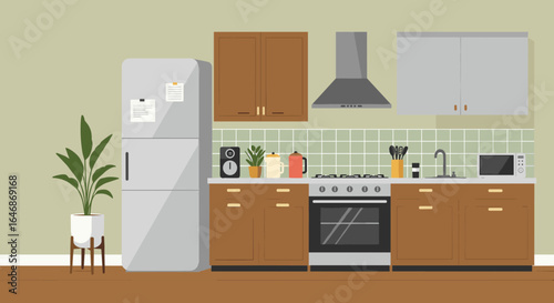 Modern kitchen interior with appliances and plants in flat design