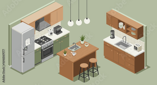 Modern isometric kitchen interior with appliances and island on green background