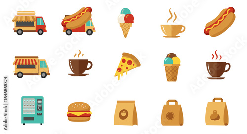 Food truck icons featuring coffee, ice cream, pizza, and more in flat design