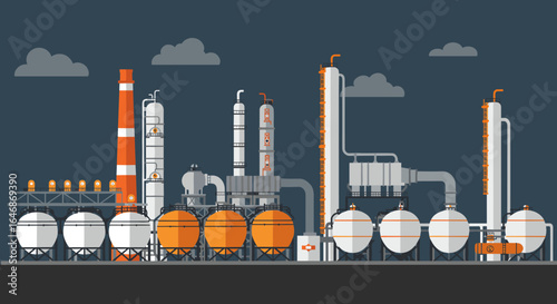 Colorful industrial landscape with refinery equipment and storage tanks