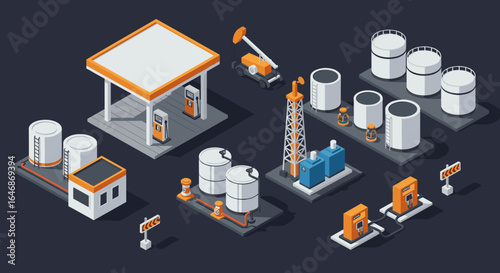 Isometric fuel station and industrial tanks with modern equipment on dark background