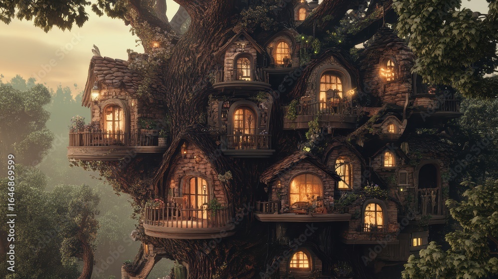 Obraz premium A whimsical treehouse village with cozy, illuminated windows nestled among lush greenery, creating a magical and enchanting atmosphere.
