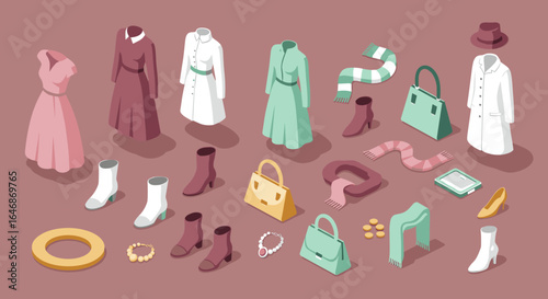 Isometric fashion ensemble: stylish outfits and accessories for trendy wardrobes