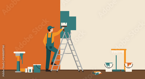Painter on ladder refurbishes wall in minimalist style with paint buckets and tools around