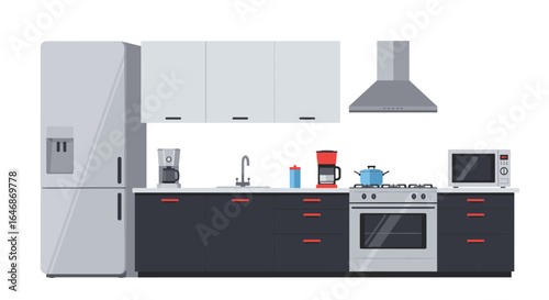 Modern kitchen interior with appliances and cabinets in flat design
