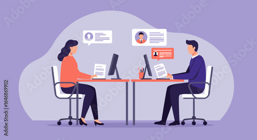 Office communication in modern workplace with two professionals at desks