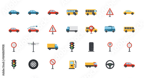 Colorful traffic and road sign icons for transport themed designs
