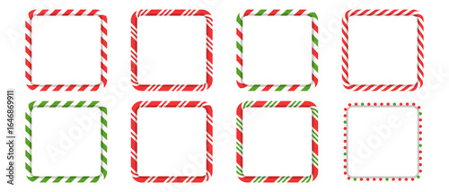 Christmas candy cane stripe border set. Red and green square frames for holiday cards, banners, and winter design.