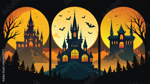 Spooky Halloween landscape at night with a haunted castle, a full moon, and a spooky tree silhouette