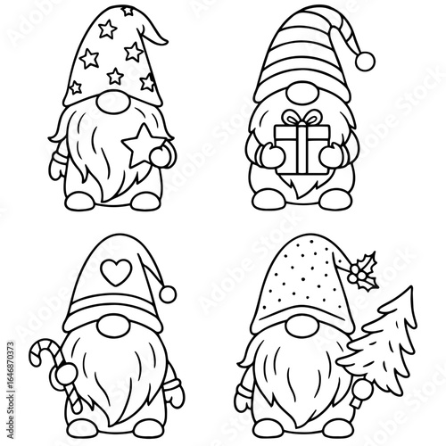 Black and white vector of 4 cute Christmas gnomes with tree, gifts, star, and candy. Perfect for engraving, prints, tattoos, and holiday projects