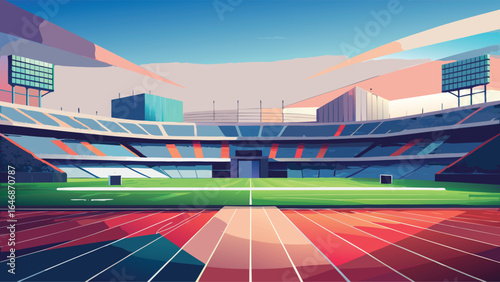 An artistic depiction of a stadium with a tennis court at its center, surrounded by spectator seating and energetic ambiance.