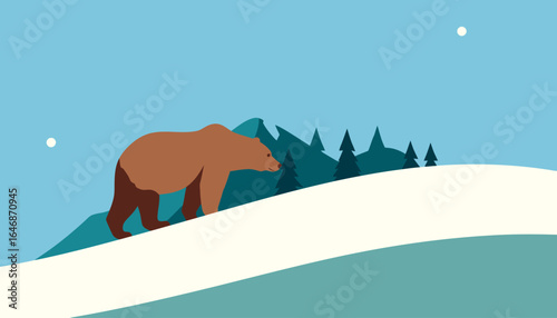 Minimalist vector illustration of a brown bear walking in a snowy winter mountain landscape with pine trees