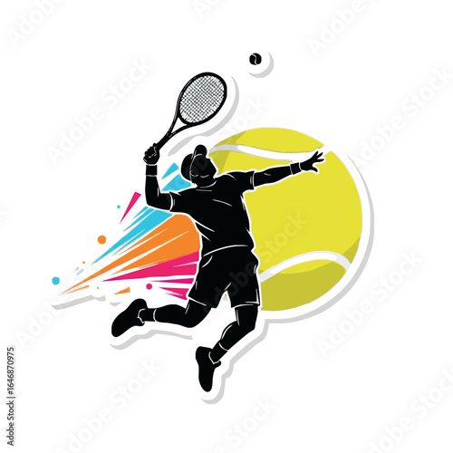 Silhouette of a tennis player in mid-action, with dynamic graphic elements, emphasizing athleticism and the sport.