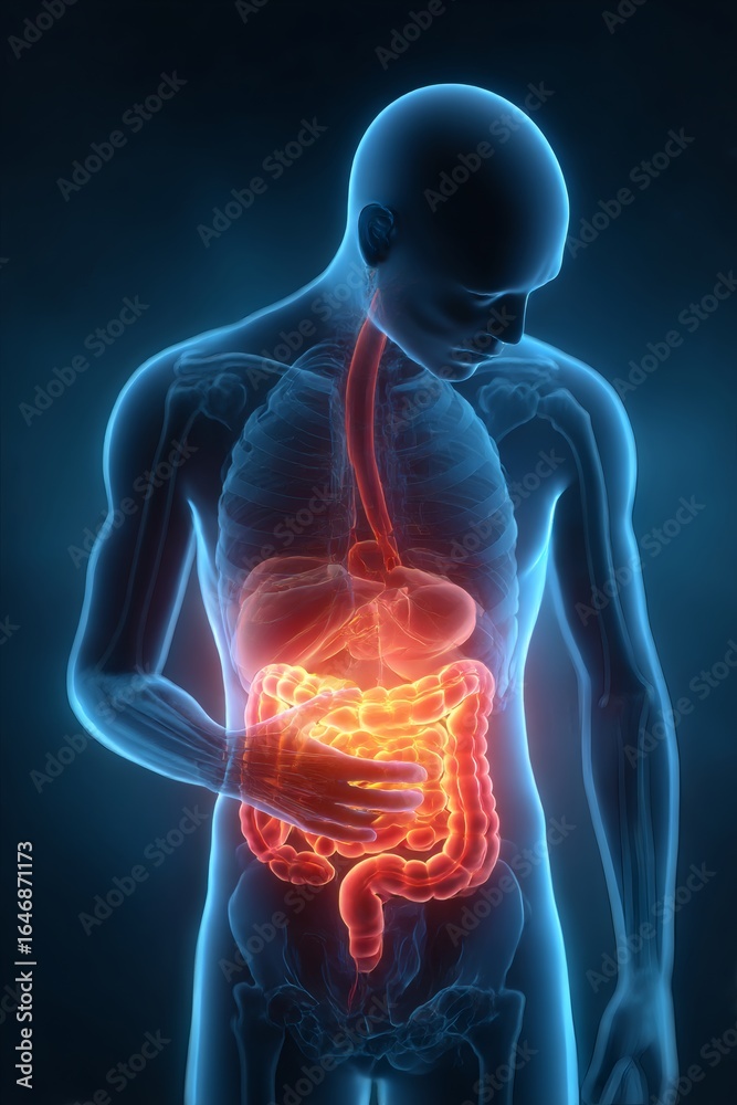 3D rendered medical illustration of a human body with glowing blue internal organs, spine, and heart to show anatomy, health, and pain 3D rendered medical illustration of a human body with glowing blue internal organs, spine, and heart to show anatomy, health, and pain