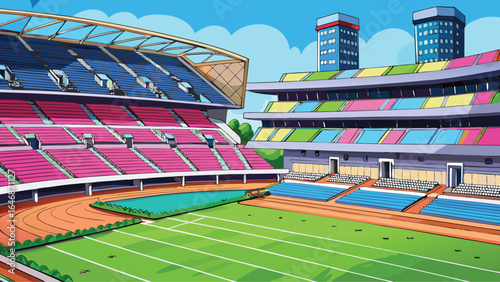 An artistic depiction of a stadium with a tennis court at its center, surrounded by spectator seating and energetic ambiance.