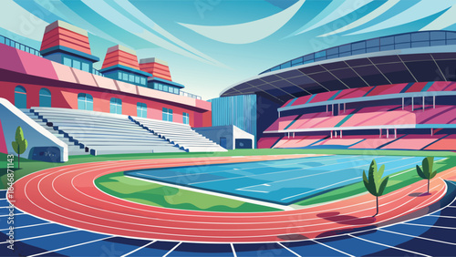 An artistic depiction of a stadium with a tennis court at its center, surrounded by spectator seating and energetic ambiance.