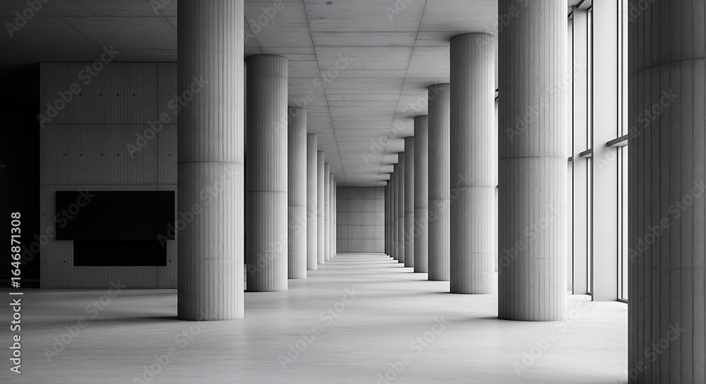 Fototapeta premium Minimalist Architecture featuring Concrete Columns and Vast Empty Space in a Modern Building Interior Monochrome