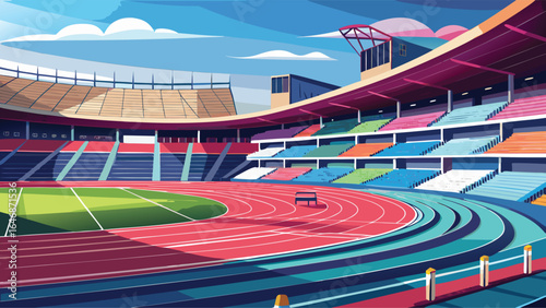  detailed illustration of a stadium showcasing a tennis court, with rows of seats and a lively environment.