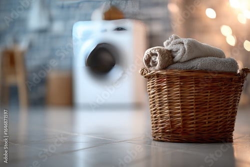 Laundry basket with towels near washing machine