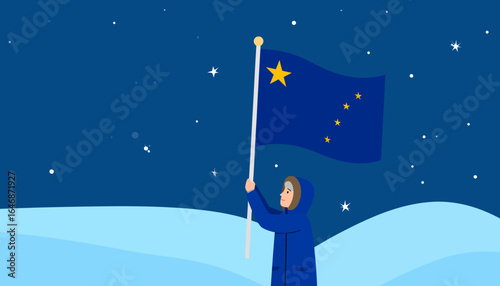 Illustration of a person raising the Alaskan flag under a starry night sky, highlighting the beauty of winter and national pride.
