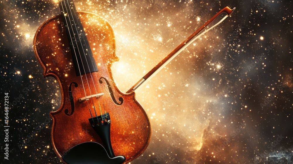 Fototapeta premium A violin emerges from a cosmic backdrop, blending music and the universe, symbolizing harmony and the beauty of art against a celestial canvas.