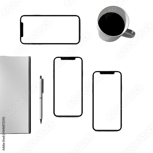 Minimalist Workspace with Smartphone, Notebook, Pen, and Coffee Cup