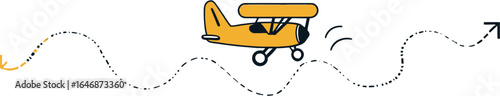 Yellow cartoon biplane flying on a dotted wavy line, suitable for childrens book illustrations, aviationthemed designs, or educational materials.