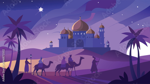 The three wise men, adorned in regal attire, are positioned in front of a majestic castle under a night sky.