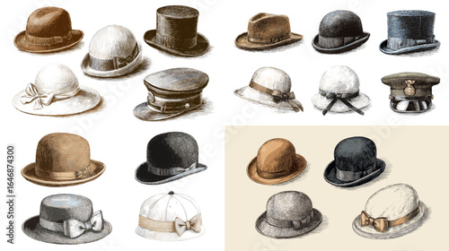 Vintage and classic hats illustration set. Hand-drawn headwear styles including bowler, top hat, and cloche in retro fashion design. Perfect for apparel and accessory themes.