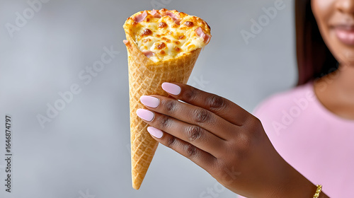 Savory pizza cone delight held by woman with perfectly manicured pink nails, a unique gourmet snack experience.
