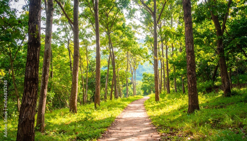 Fototapeta premium Lush forest path, sunlight filters through trees