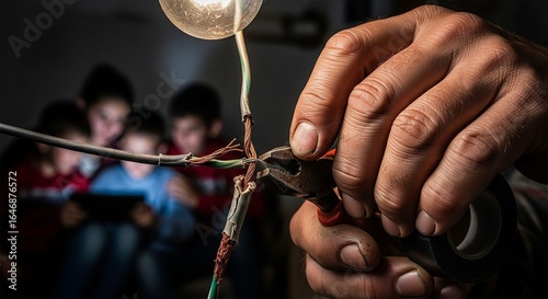 A person's hands work on exposed electrical wires under a single lightbulb while a family sits in the dark background.