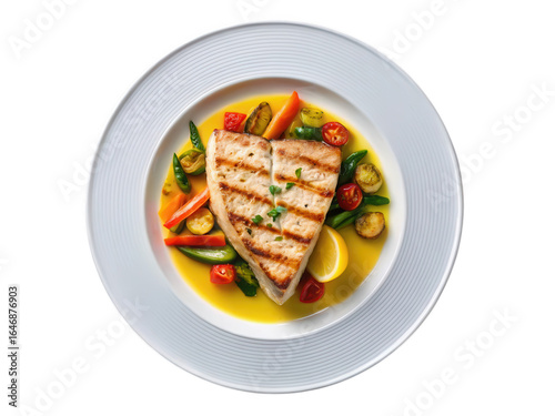 Grilled swordfish steak with vegetables isolated on transparent background isolated on white background