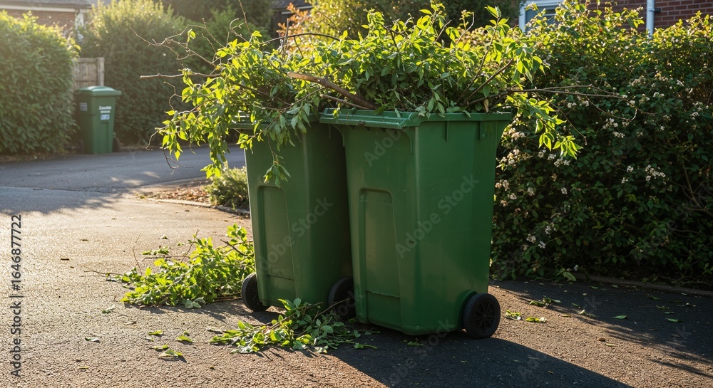 Obraz premium Garden waste bin with trimmed branches in morning light on driveway in photorealistic realism