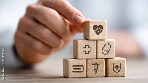 Hand carefully arranges wooden blocks, symbolizing healthcare, representing healthy heart, medical cross, stethoscope, medicine, syringe, health insurance. Conceptual highlights wellness medical
