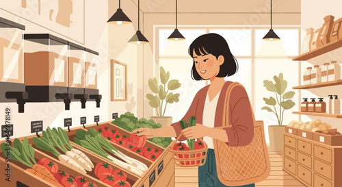 Young Woman Consciously Shopping for Fresh Produce at a Sustainable Market, Embracing a Healthy and Eco-Friendly Lifestyle for a Balanced Diet.