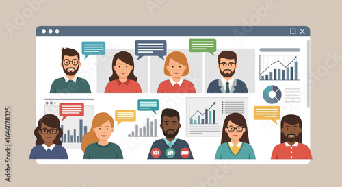 Illustration of a video conference with diverse participants engaging in a virtual meeting, sharing ideas and collaborating online.