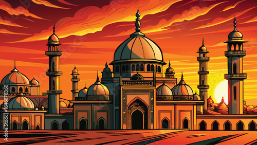Islamic mosque silhouetted against a vibrant sunset in a serene desert landscape.
