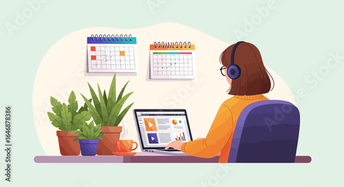 Remote Work Illustration Woman at Desk with Laptop, Plants, and Calendars - Home Office Concept