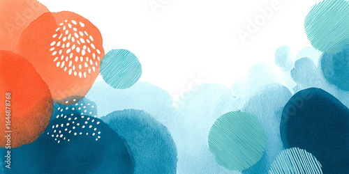 Fondo abstracto con manchas de acuarela en tonos naranjas, azules y turquesas con puntos blancos.