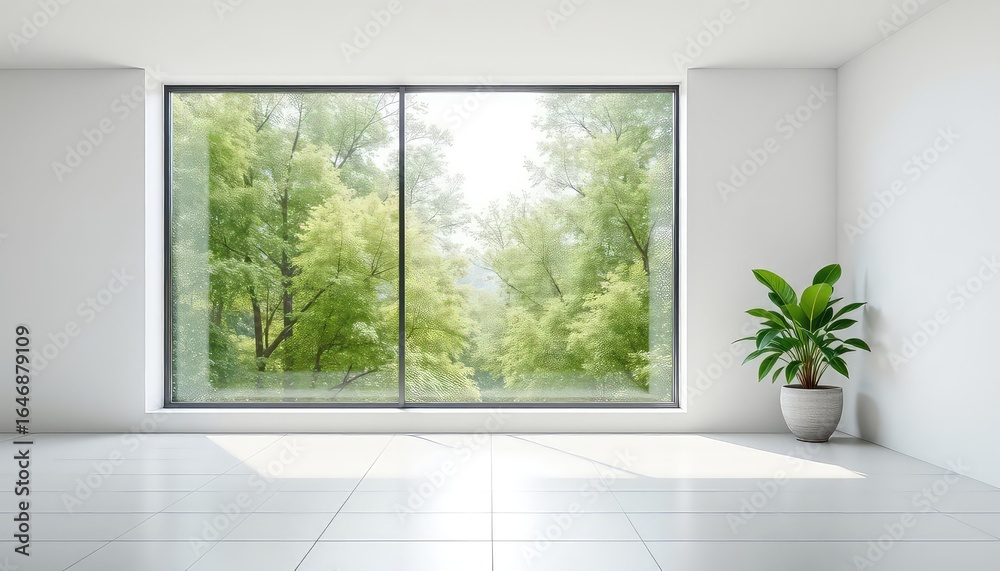 Fototapeta premium Minimalist room with abundant natural light showcases trees outside a large window and a potted plant