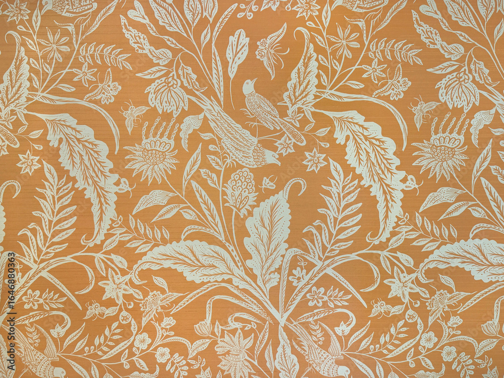 Random abstract orange and white flower and leaves illustration. Floral and foliage theme in random abstract concept. For wallpaper, fabric, and upholstery curtain. Illustration seamless background te