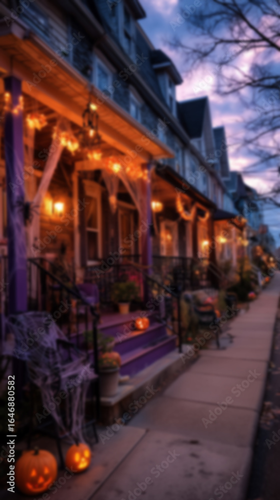 Fototapeta premium Blurred background streets and houses decorated for Halloween with pumpkins and spooky decorations, eerie atmosphere. Concept of Halloween celebration, autumn festivity, and seasonal decor.