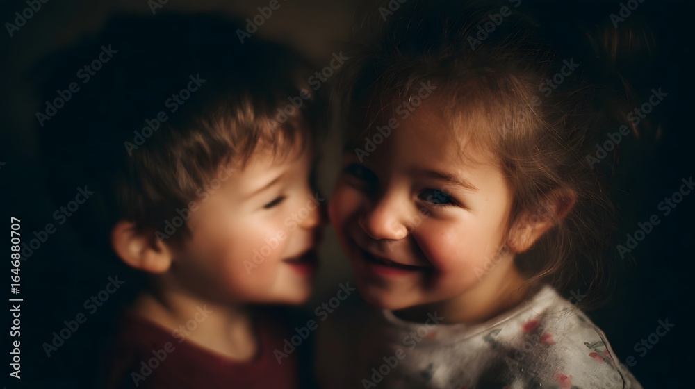 Joyful sibling interaction in dramatic lighting Joyful sibling interaction in dramatic lighting