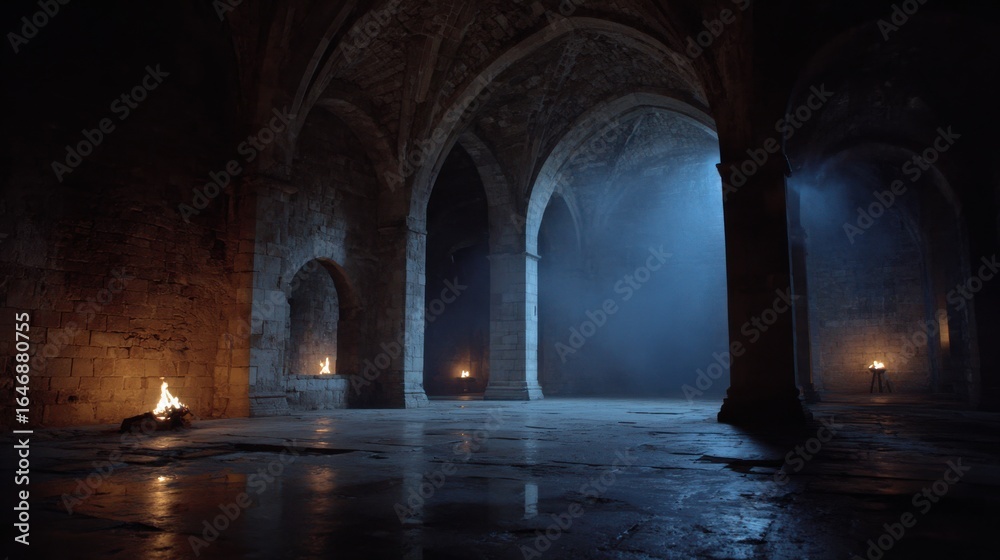 Fototapeta premium Flickering flames cast shadows in an ancient stone structure with high arches and a dark atmosphere, creating a mysterious and eerie ambiance at dusk