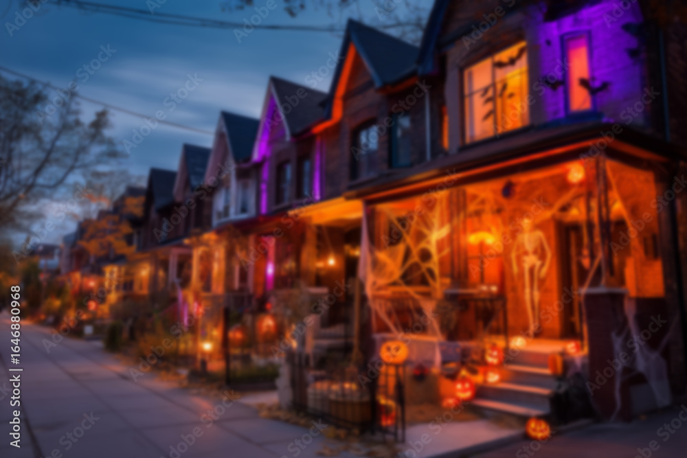 Obraz premium Blurred background streets and houses decorated for Halloween with pumpkins and spooky decorations, eerie atmosphere. Concept of Halloween celebration, autumn festivity, and seasonal decor.