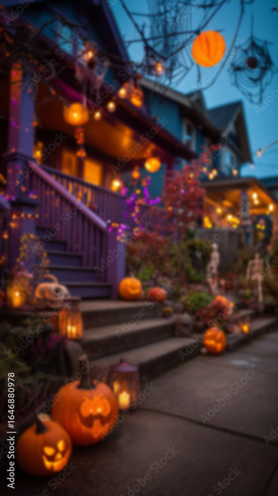 Obraz premium Blurred background streets and houses decorated for Halloween with pumpkins and spooky decorations, eerie atmosphere. Concept of Halloween celebration, autumn festivity, and seasonal decor.