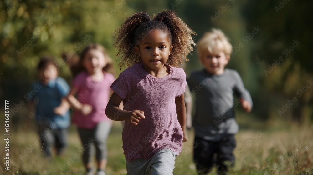 Fototapeta premium Group of diverse children running and playing in a park