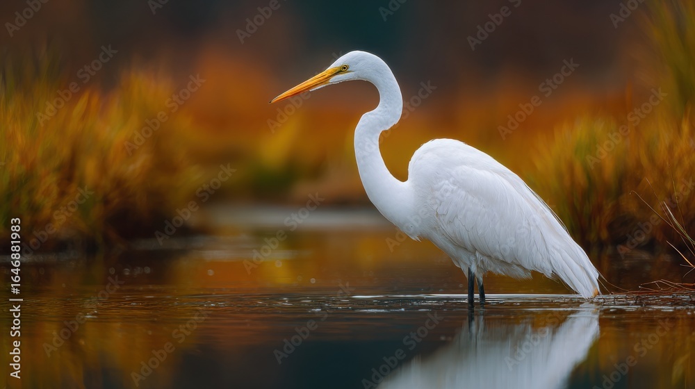 Obraz premium A great egret wades through calm, reflective water amidst vibrant autumn colors. The serene wetland setting creates a peaceful atmosphere during the fall season