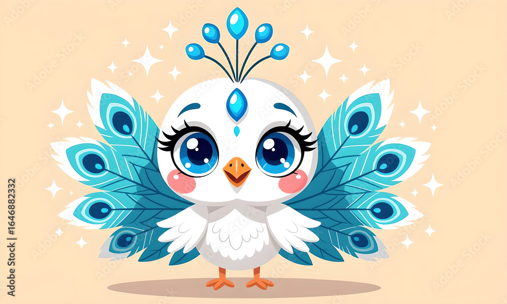 Obraz premium Cute Cartoon Peacock with Sparkling Background for Children's Illustration, Vector Design
